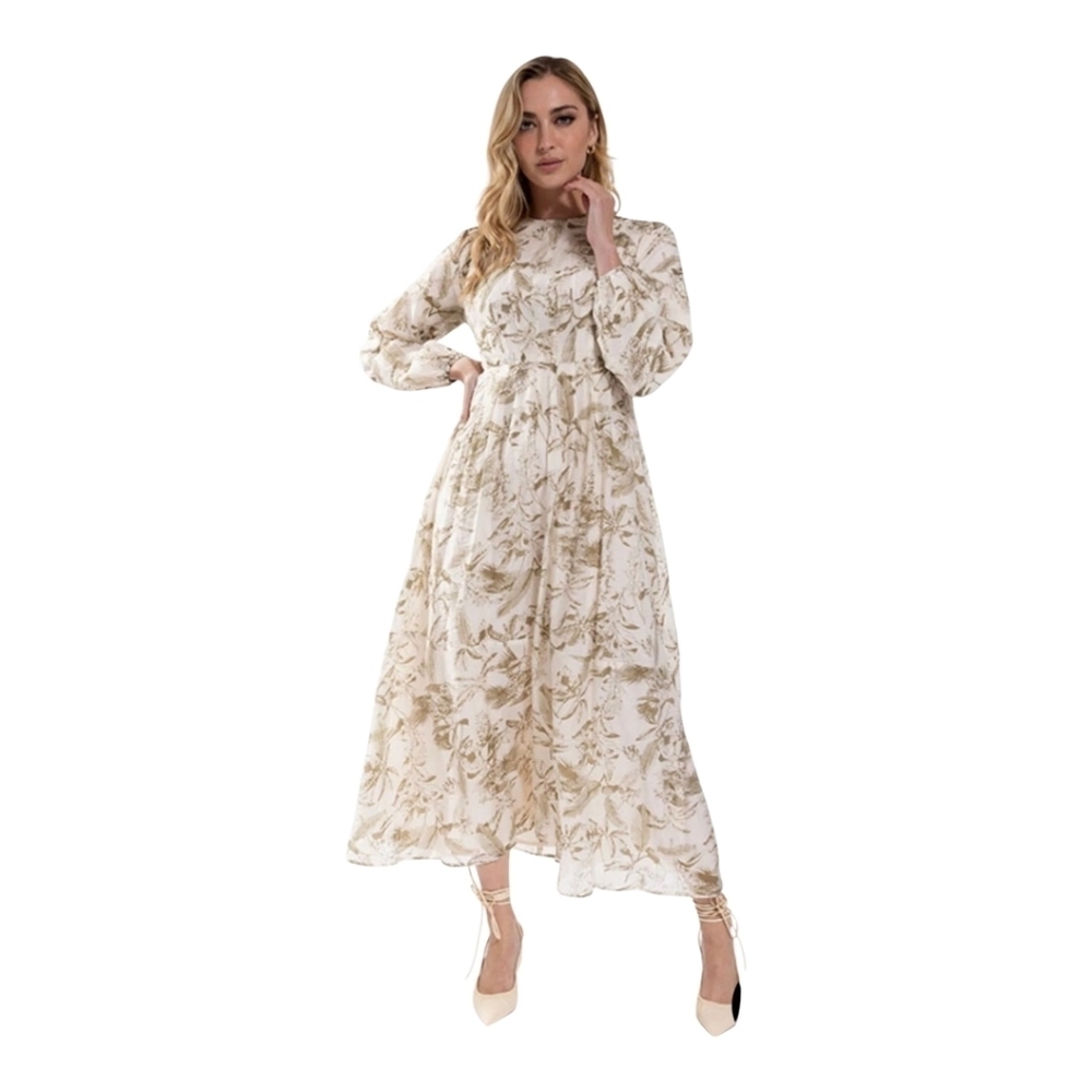 Static Womens Dress Beige Size XL Olive Leafy Print Long Sleeve Midi Fit & Flare